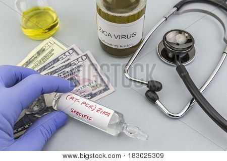 Tests for Research of ZIKA test and vials on tickets of dollar Americans concept of pharmaceutical copayment
