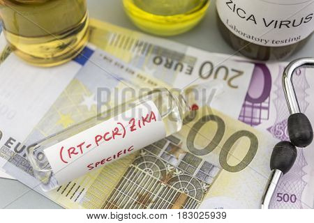 Tests for Research of ZIKA test and vials on tickets of euro concept of pharmaceutical copayment