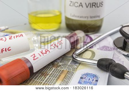 Tests for Research of ZIKA test and vials on tickets of euro concept of pharmaceutical copayment