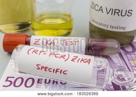Tests for Research of ZIKA test and vials on tickets of euro concept of pharmaceutical copayment