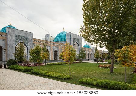 HARTANG SAMARKAND REGION UZBEKISTAN - OCTOBER 16 2016: The Imam al-Bukhari Memorial Complex is a sacred place of pilgrimage for Muslims. Courtyard