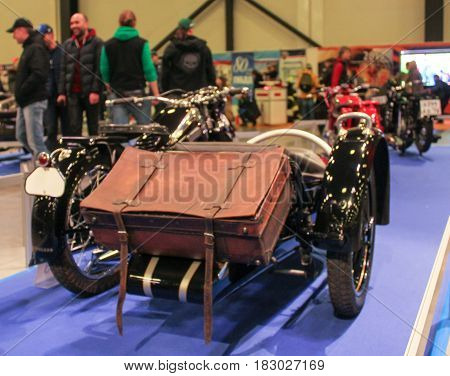 St. Petersburg Russia - 15 April, Motorcycle with leather suitcase,15 April, 2017.
International Motor Show IMIS-2017 in Expoforurum.
Motorcycles and motoconcepts presented at St. Petersburg Motor Show.