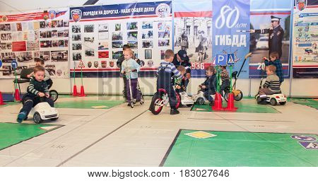 St. Petersburg Russia - 15 April, A platform for young visitors to the moto salon,15 April, 2017.
International Motor Show IMIS-2017 in Expoforurum.
Visitors and participants of the annual moto-salon in St. Petersburg.