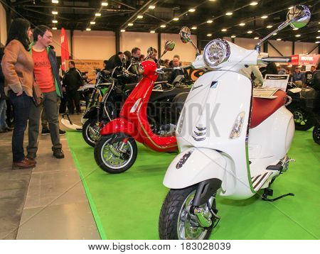 St. Petersburg Russia - 15 April, Retro model scooters,15 April, 2017.
International Motor Show IMIS-2017 in Expoforurum.
Motorcycles and motoconcepts presented at St. Petersburg Motor Show.