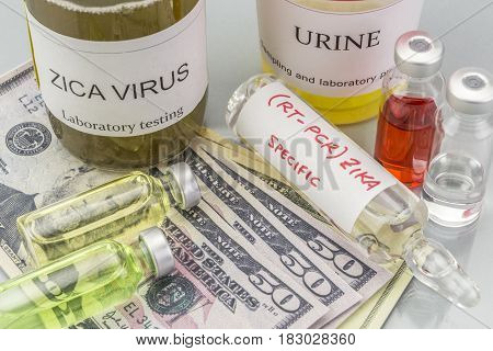 Tests For Research Of Zika Test And Vials On Tickets Of Dollar Americans, Concept Of Pharmaceutical