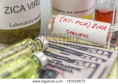 Tests for Research of ZIKA test and vials on tickets of dollar Americans concept of pharmaceutical copayment