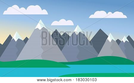 Mountain cartoon landscape with green hills and mountains with peaks under snow with lake or river in front of mountains under blue sky with clouds with mist background - vector flat