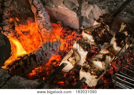 Barbecue meat steaks on the grill with flames. Meat on the coals. barbecue vacation concept close up.