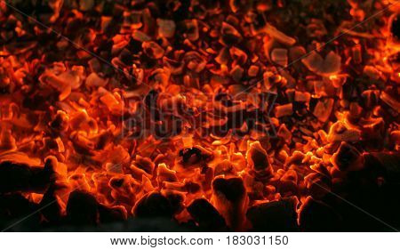 Burning blazing coals close up. Fire and embers background.