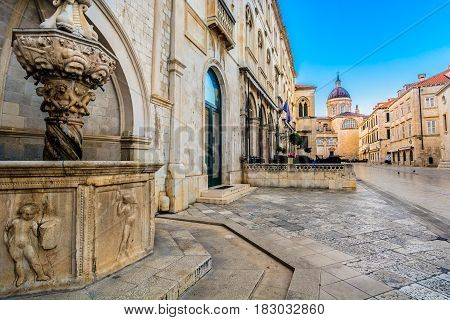 Old historic street in city center of famous town Dubrovnik, european travel resorts.