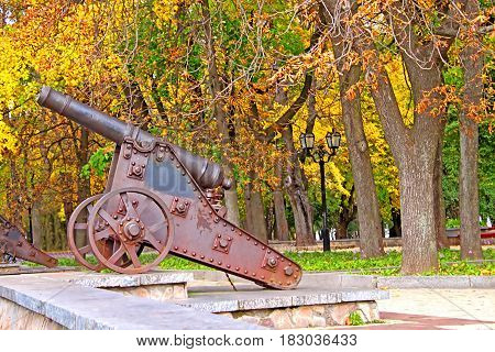 Old cannon in Chernigiv and autumn park as background