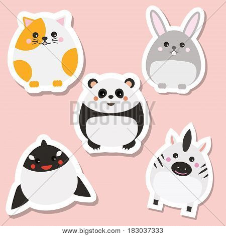 Cute kawaii animals stickers set. Vector illustration. Cat panda rabbit whale. Children style isolated design elements for kids books. Icons