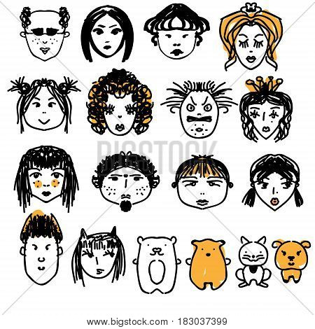 Doodle people faces. Hand drawn man and woman avatars cute children animals and other characters. Artisitic design elements. Vector illustration sketch