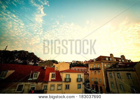 LISBON PORTUGAL - October 31 2016: Overlooking of old Europe city in the beautiful sunset. Lisbon Portugal sky with copy space