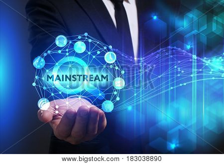 Business, Technology, Internet And Network Concept. Young Businessman Working On A Virtual Screen Of