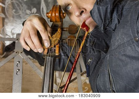 Musician holding a cello and a piece of bread indoor cropped shot with focus in the foreground