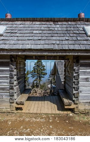Through the Log Cabin on Mt LeConte in early spring