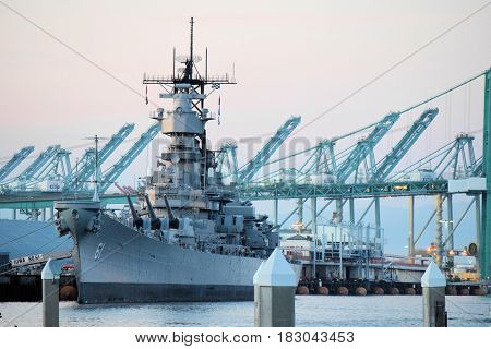 March 9, 2017 in San Pedro, CA:  USS Iowa Battleship docked at the San Pedro Harbor which is now a museum where people can tour this historic naval ship open daily
