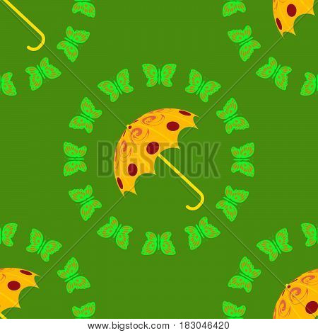 Seamless pattern yellow umbrella with green butterfly . For design wallpaper cover invitation fabric. Vector background.