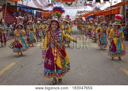 ORURO, BOLIVIA - FEBRUARY 26, 2017: Tinkus dancers in colourful costumes performing at the annual Oruro Carnival. The event is designated by UNESCO as being Intangible Cultural Heritage of Humanity.