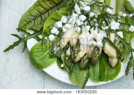 Fresh Asparagus salad witch lettuce, arugula and grainy cheese