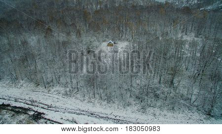 Aerial view near of Kinderlinskaya cave and village Tash-Asty on Zilim river