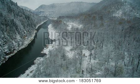 Aerial view near of Kinderlinskaya cave and village Tash-Asty on Zilim river