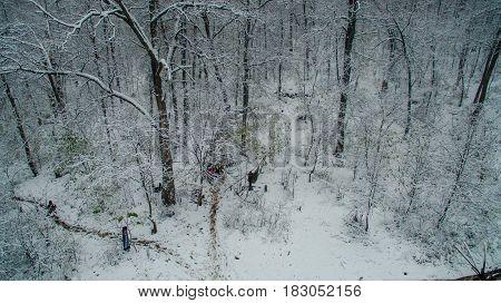Aerial view near of Kinderlinskaya cave and village Tash-Asty on Zilim river. Life in the tipi at winter