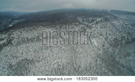 Aerial view near of Kinderlinskaya cave and village Tash-Asty on Zilim river