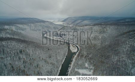 Aerial view near of Kinderlinskaya cave and village Tash-Asty on Zilim river