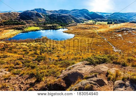 Hiking trail view from the top Dalsnuten in Stavanger Norway.
