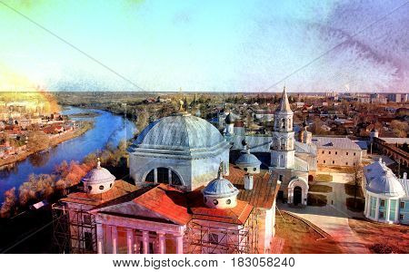 Photo view from above town Torzhok with a river and houses