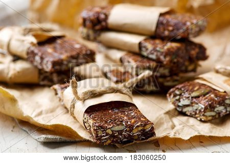 No-Cook Choco Oat Bars.style rustic. selective focus.