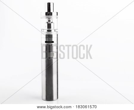 metallic electronic cigarette or vaping device on white background