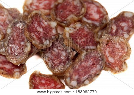 Fouette sausage sliced isolate on a white background