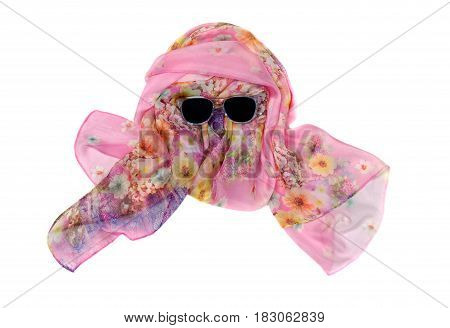 Pink silk scarf and sunglasses isolate on a white background