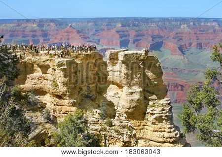 View of Grand Canyon south rim in Arizona US. The picture is of popular Mather Point near Grand Canyon visitor center.
