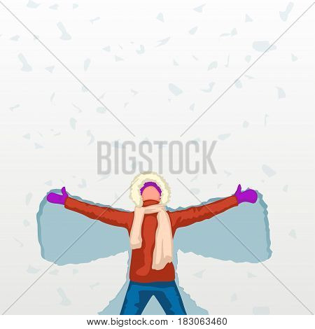 illustration of female colored silhoeutte lying on snow and making angel