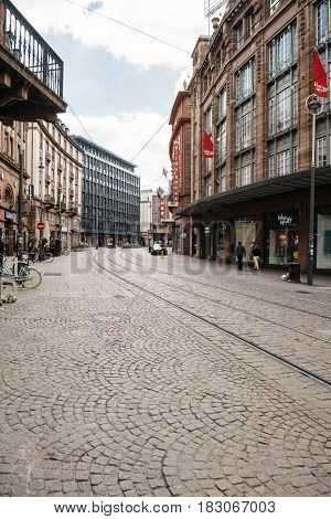 STRASBOURG FRANCE - APR 23 2017: Almost empty French city street during the Presidential Elections in France