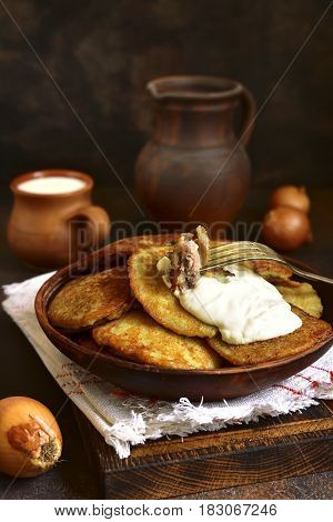 Draniki - Potato Pancakes Stuffed With Minced Meat,traditional Dish Of East Slavic Cuisine.
