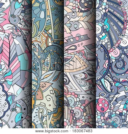 Set Of Tracery Colorful Seamless Patterns. Curved Doodling Backgrounds For Textile Or Printing With