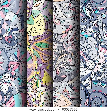 Set Of Tracery Colorful Seamless Patterns. Curved Doodling Backgrounds For Textile Or Printing With