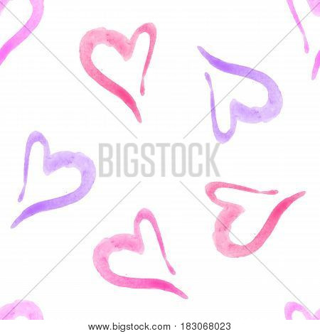 Seamless vector pattern with hand drawn watercolor hearts. Romantic background with light pink hearts. Vector seamless background.