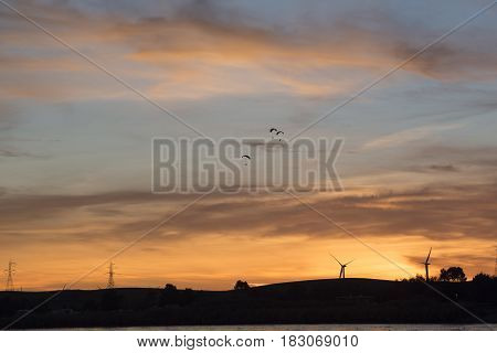 Power Parachutes over wind turbines in the sunset