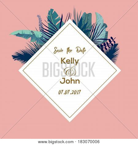 Trendy Summer Tropical Leaves Vector Design. Wedding invintation template. Vector illustration