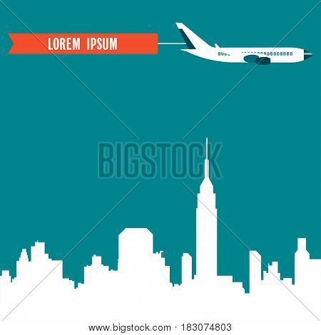 Air travel Vector illustration Background with colorful airplanes Poster template with space for text The airplane with banner is flying over the city Flat design