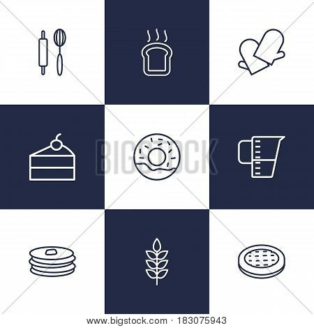 Set Of 9 Stove Outline Icons Set.Collection Of Donuts, Measuring Cup, Pancakes And Other Elements.