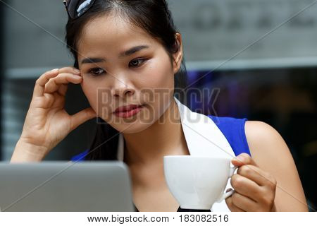 Beautiful Vietnam Female Student Using Laptop Pc Outdoor