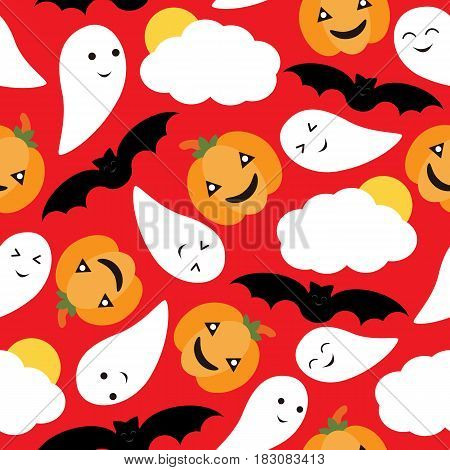 Seamless pattern of Cute pumpkin, bat and ghost vector cartoon on red background, Halloween wallpaper, scrap paper, and postcard, T-shirt design for kids