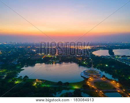 Aerial view of beautiful sunset in Rama 9 public park in Bangkok